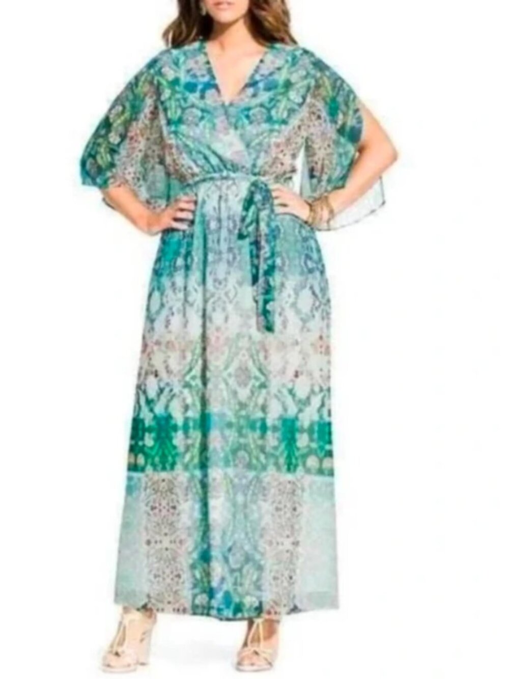City Chic Maxi Dress Womens XL 22 Blue Multi Print Flared Kimono Chiffon Stretch